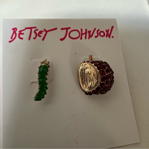 New Betsey Johnson caterpillar worm red rhinestone apple mismatch earrings - Picture 3 of 5